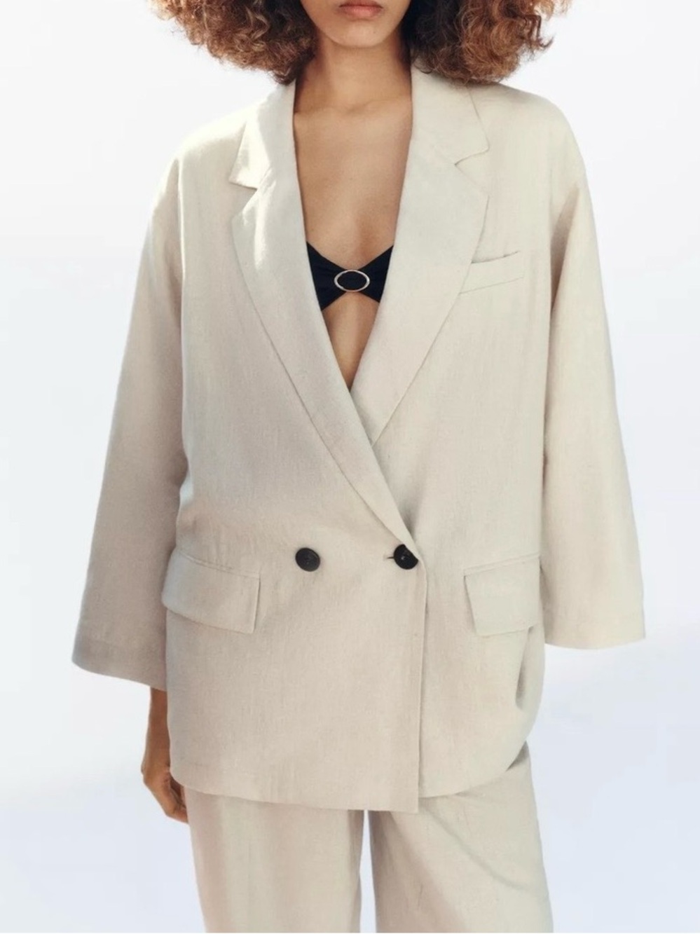 Zara NWT Oversized Linen Blended Double-Breasted Blazer | Tailored Jacket